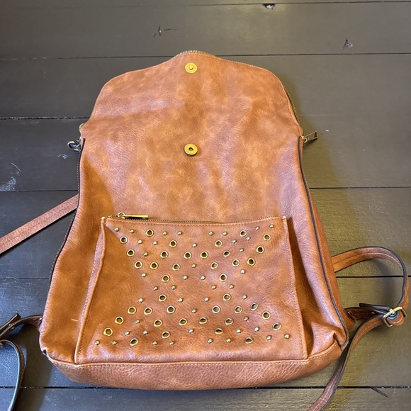 DV Dolce Vita Handbags - DV Dolce Vita Brown Faux Leather Studded Grommet Backpack Boho Foldover Bag